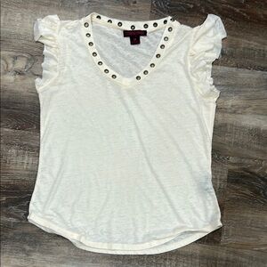 ••Rock&Roll Cowgirl••Cream Ruffle Sleeve T-Shirt with Gold Embellishments